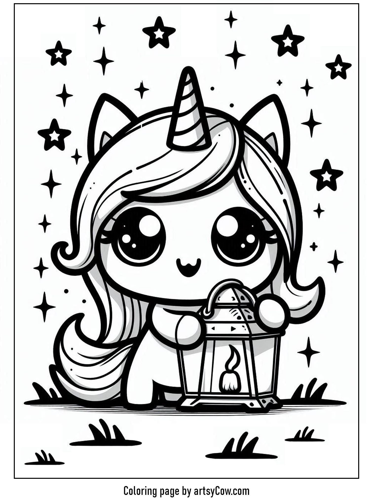 Halloween coloring pages with unicorn 2 featuring a cute unicorn holding a haunted lantern surrounded by stars.